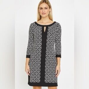 White House Black Market Geometric Dress L Large Sheath‎ Shift Stretch Keyhole